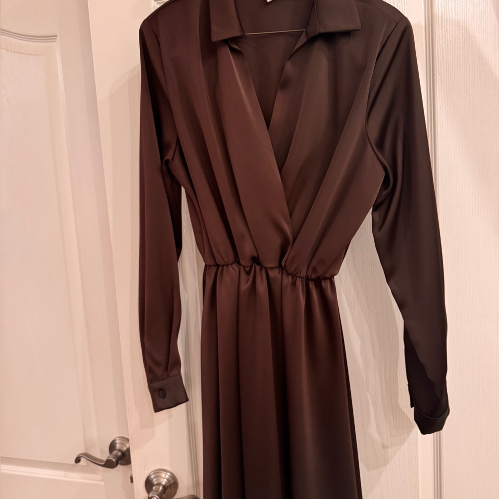 Elegant Brown satin Long Sleeve Dress